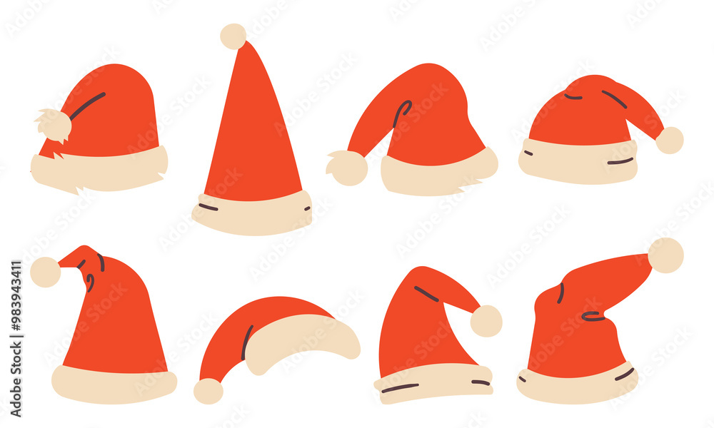 Christmas Santa Claus Hats With Fur Set. New Year Red Hat flat style Isolated on White Background. Winter Cap. Vector illustration. Christmas Santa Claus Hats With Fur Set. New Year Red Hat flat style Isolated on White Background. Winter Cap. Vector illustration.