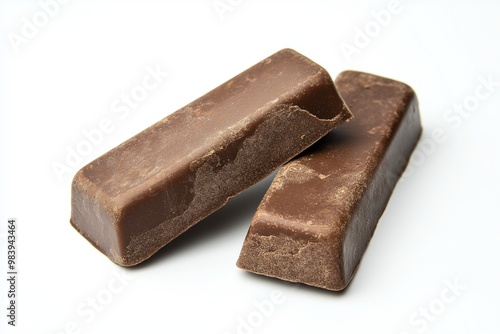 Two pieces of a chocolate bar isolated on a white background 