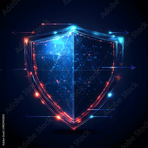 Medical security health shield translucent low poly triangle futuristic glowing surrounded by arrows. On dark blue background. Immunity protection medical innovation concept.