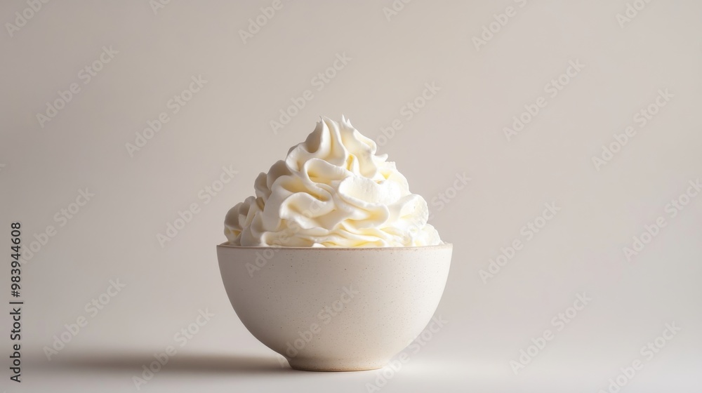 A bowl filled with fluffy whipped cream, set against a plain white backdrop. A bowl filled with fluffy whipped cream, set against a plain white backdrop.
