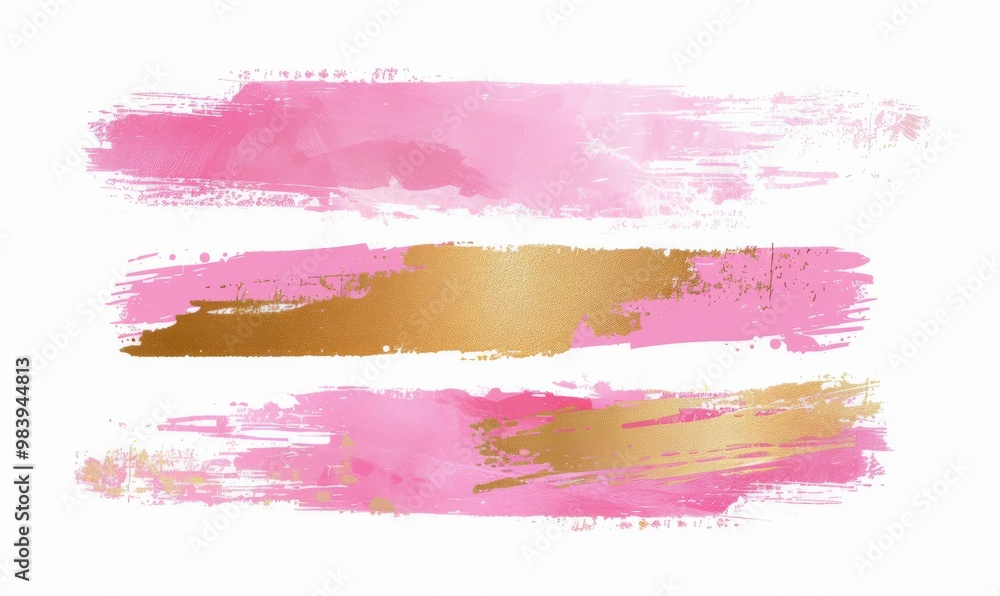 Obraz premium Pink and golden painted grunge stains and lines set, abstract rectangular banners