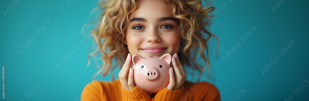 Woman smiling and holding a piggy bank. Woman smiling and holding a piggy bank.
