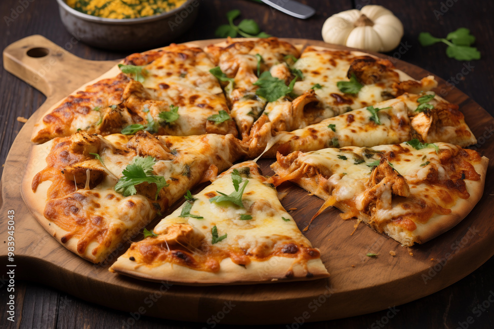 chicken tikka pizza on a wooden board, topped with grilled chicken pieces, fresh cilantro, and tikka sauce. chicken tikka pizza on a wooden board, topped with grilled chicken pieces, fresh cilantro, and tikka sauce.