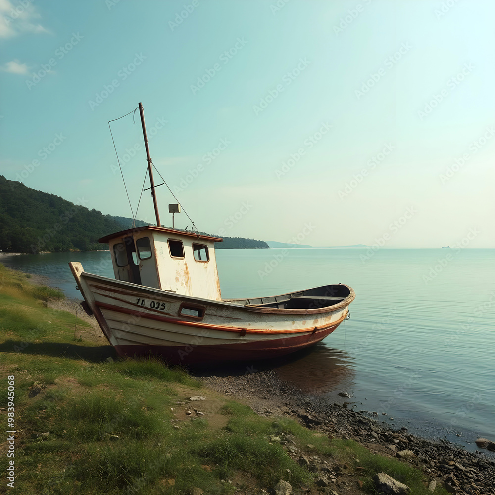 Old rusty fishing boat on the slope along the shore of the lake Old rusty fishing boat on the slope along the shore of the lake