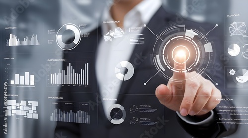business person interacting with a digital futuristic interface featuring data analytics, charts, financial growth trends, and network connectivity symbols.
