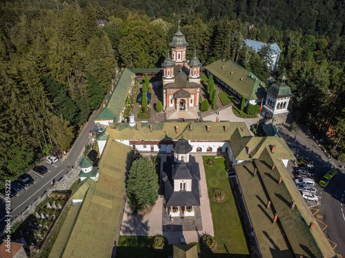 Aerial drone view of Sinaia monastery complex in Romania. 