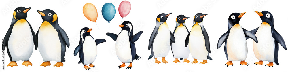 Fototapeta premium Cute penguins celebrating with colorful balloons on a white isolate background.
