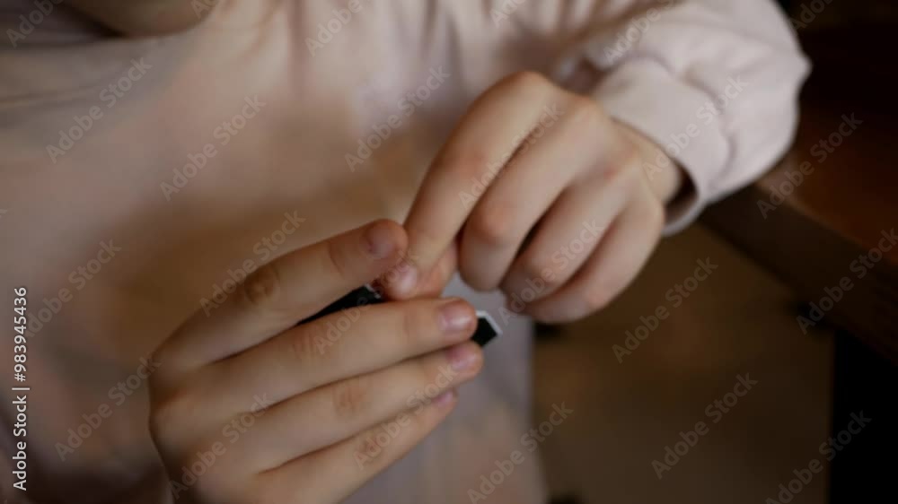 Wiping Hands. A girl opens a package with a sterile napkin for hand hygiene. The child wipes his hands with a napkin. Protection against viruses and bacteria Wiping Hands. A girl opens a package with a sterile napkin for hand hygiene. The child wipes his hands with a napkin. Protection against viruses and bacteria