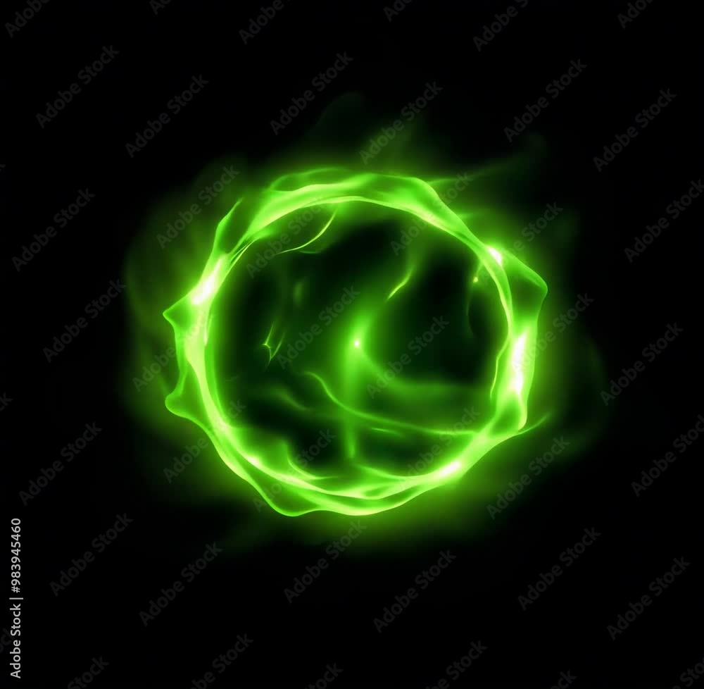 Green magic energy plasma ring of fire on black background