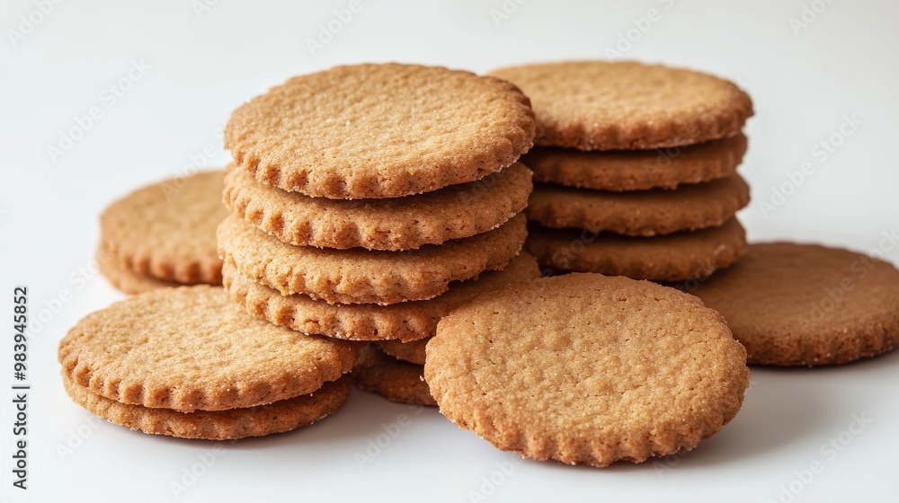 A bunch of round cookies on a plain white background. A bunch of round cookies on a plain white background.