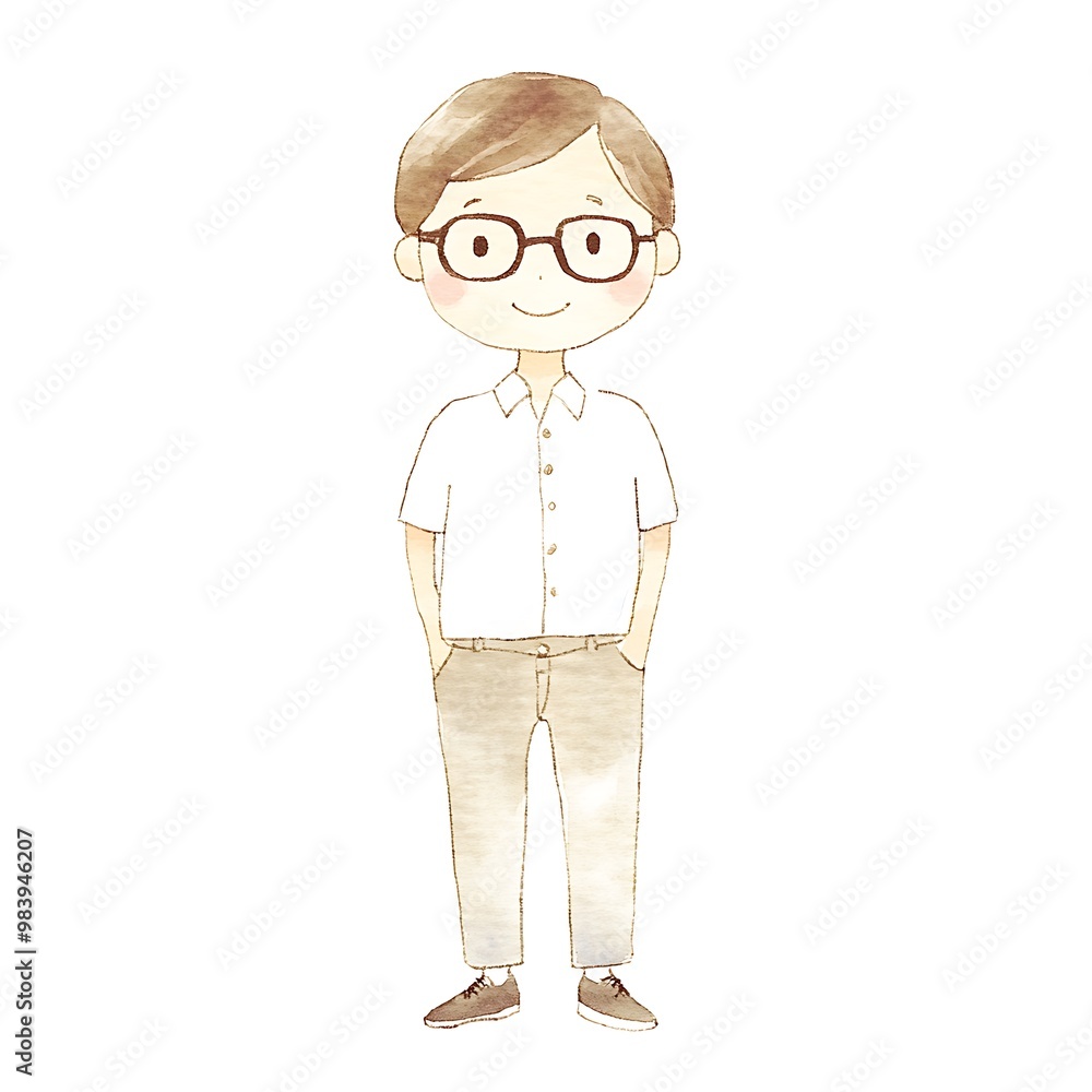 Watercolor Illustration of a Smiling Man in Glasses and Casual Outfit. Watercolor Illustration of a Smiling Man in Glasses and Casual Outfit.