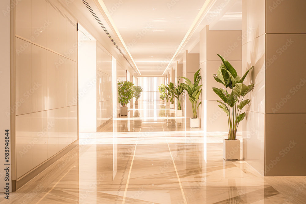 High-end hotel hallway, with a cream marble floor and walls, clean lines, minimalist design, symmetrical layout, and natural light from the ceiling lights High-end hotel hallway, with a cream marble floor and walls, clean lines, minimalist design, symmetrical layout, and natural light from the ceiling lights