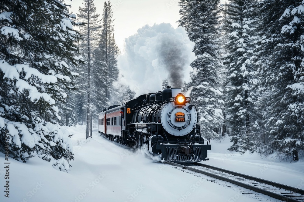 Beautiful retro steam locomotive against the backdrop of a snowy mountain forest landscape with copy space. Travel, passenger transportation. Public transport Beautiful retro steam locomotive against the backdrop of a snowy mountain forest landscape with copy space. Travel, passenger transportation. Public transport