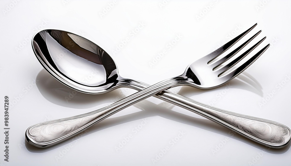 shiny silver spoon and fork crossed on a white background shiny silver spoon and fork crossed on a white background