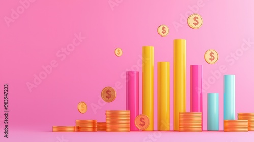 3D Colorful Bar Chart with Golden Coins on Pink Background.