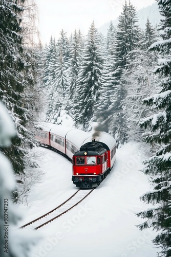 Beautiful retro steam locomotive against the backdrop of a snowy mountain forest landscape with copy space. Travel, passenger transportation. Public transport