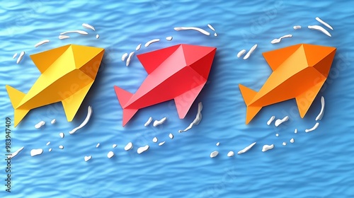 Colorful origami fish swimming in a blue wave background, showcasing the art of paper folding and creativity. photo