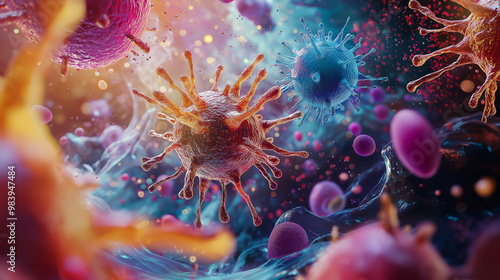 Vibrant Microscopic Virus and Immune Cells Clash