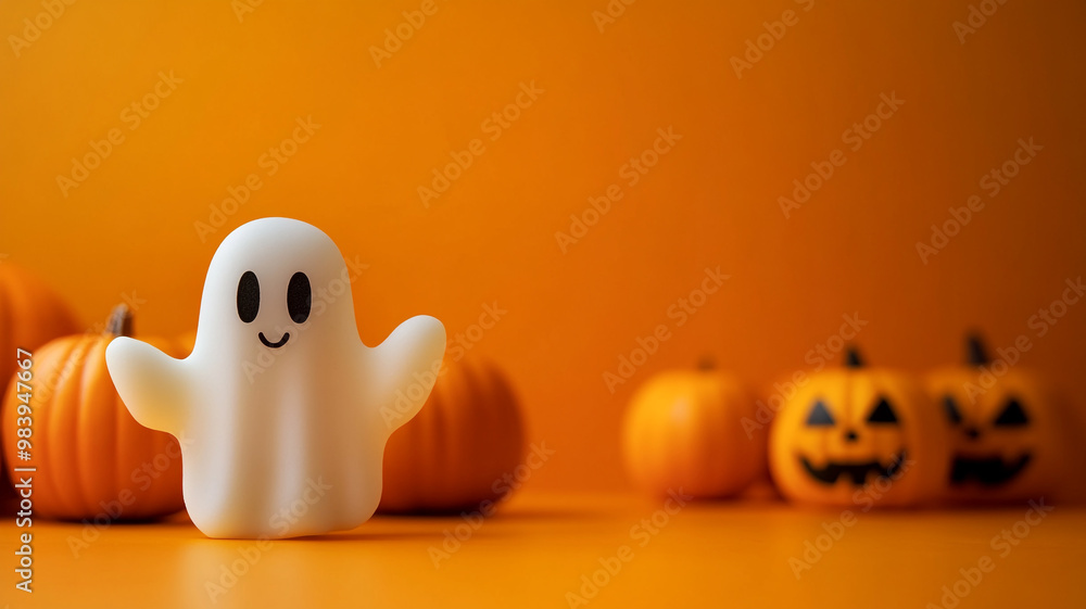 A cheerful ghost stands among pumpkins on an orange background, celebrating Halloween festivities A cheerful ghost stands among pumpkins on an orange background, celebrating Halloween festivities