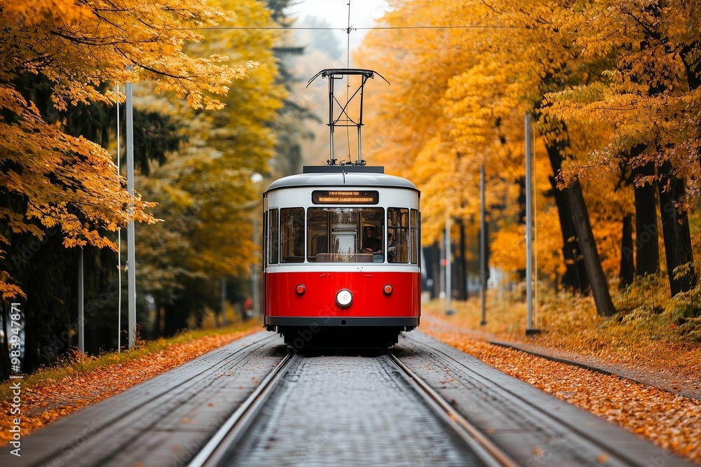 Obraz premium A beautiful retro tram against the backdrop of a forest autumn landscape. Park in autumn. Urban passenger transportation. Public transport