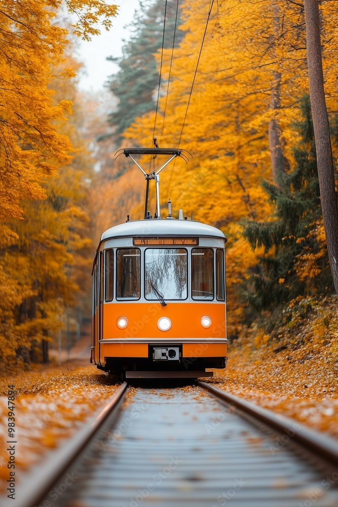 Obraz premium A beautiful retro tram against the backdrop of a forest autumn landscape. Park in autumn. Urban passenger transportation. Public transport