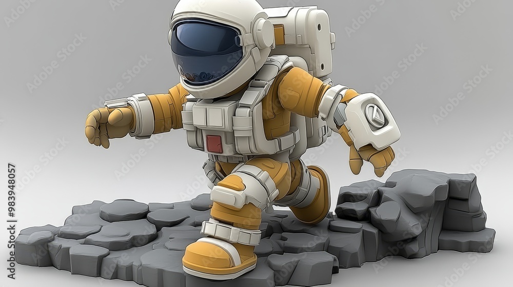Naklejka premium Cute astronaut figure explores a rocky lunar landscape, showcasing adventure and curiosity in outer space.