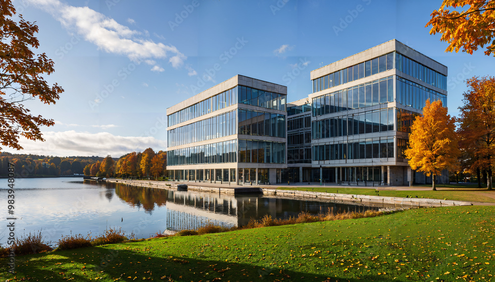 Obraz premium Bâtiment moderne en bord de lac à l'automne