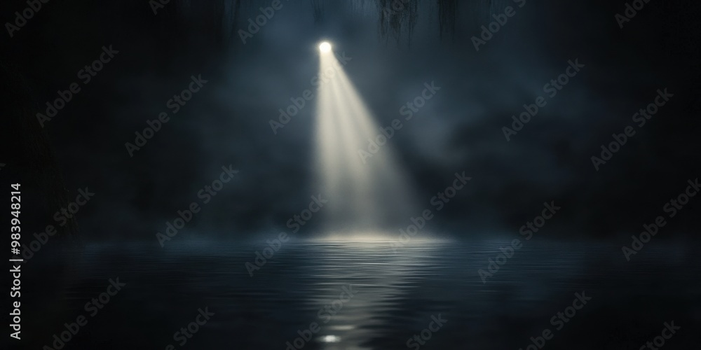 A dark misty environment illuminated by a single spotlight from above A dark misty environment illuminated by a single spotlight from above