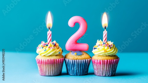 A photo shows cupcakes with candles lit to form the number 398. The background is blue.