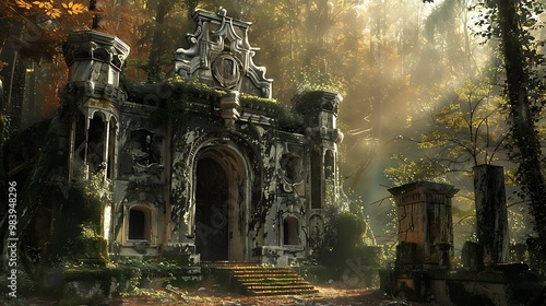 The discarded castle and a massive marble entrance doorway in a woodland