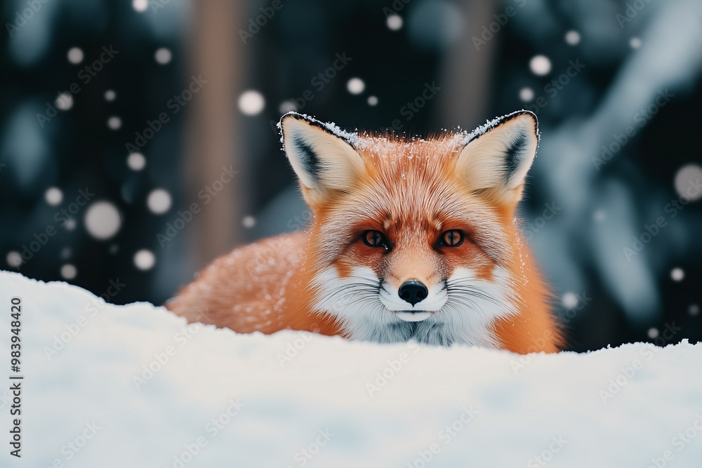 Fototapeta premium Fox against the background of a winter snowy landscape. Winter forest. Wildlife