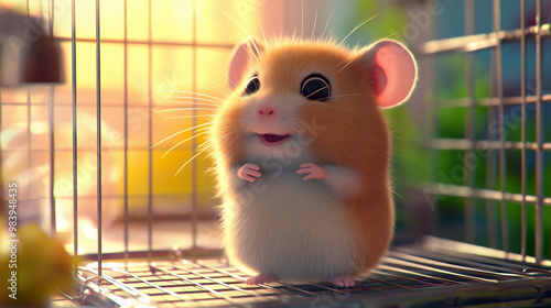 illustration of a cute baby hamster in a bright, cozy cage with golden hour lighting photo