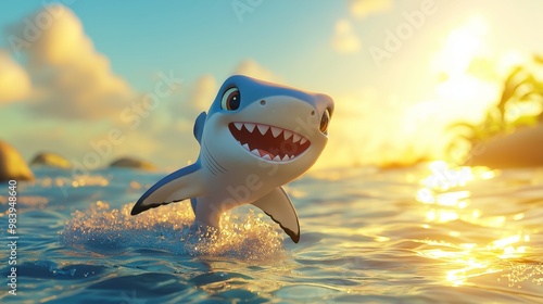 illustration of a cute baby hammerhead shark in a bright, clear ocean with golden hour lighting