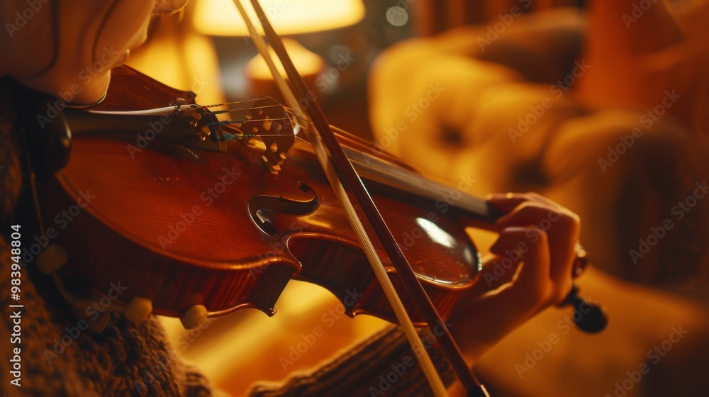 Fototapeta premium A musician plays a violin in warm, cozy lighting, showcasing skill and passion in a peaceful setting at home.