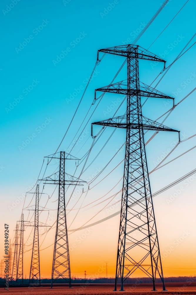 Landscape with view of power line against sky background. Electricity transmission. Power transmission tower Landscape with view of power line against sky background. Electricity transmission. Power transmission tower