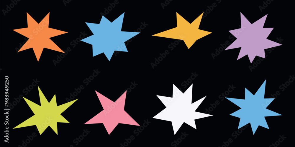 Retro shape in trendy 70s -90s Groovy style. Abstract star spark. Colorful Sparkles Geometric Forms Set. Vector illustration. Retro shape in trendy 70s -90s Groovy style. Abstract star spark. Colorful Sparkles Geometric Forms Set. Vector illustration.