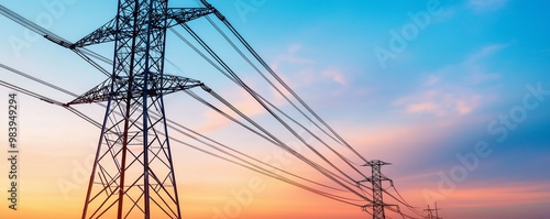 Landscape with view of power line against sky background. Electricity transmission. Power transmission tower