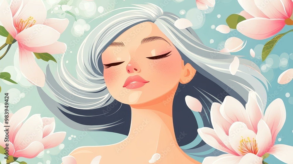 Explore a vibrant flat design of an elegant older woman amidst blooming magnolias in a cheerful spring setting. Explore a vibrant flat design of an elegant older woman amidst blooming magnolias in a cheerful spring setting.