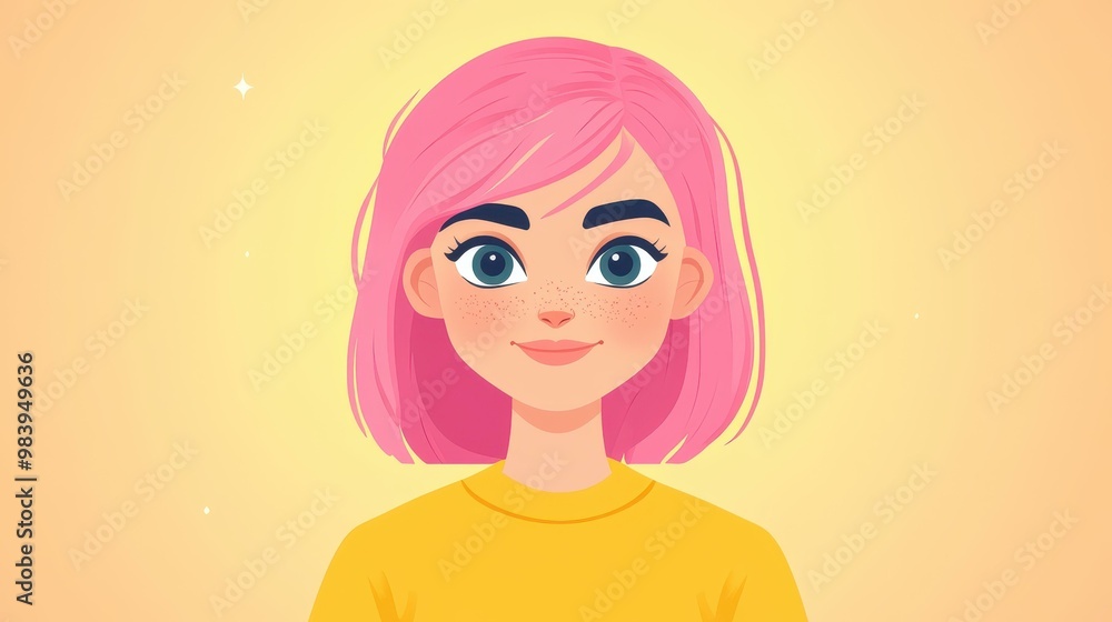 This colorful flat design features a girl with pink hair, ideal for avatars, adding a stylish flair to your digital identity.