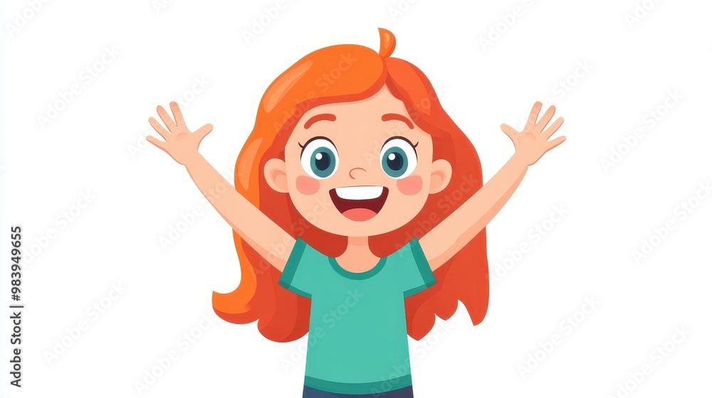 A vibrant redhead joyfully celebrates with arms raised, captured in a modern flat design on a clean white canvas. A vibrant redhead joyfully celebrates with arms raised, captured in a modern flat design on a clean white canvas.