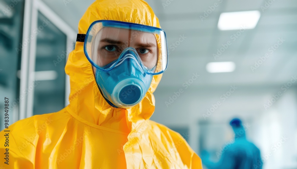 Professional in protective gear with a mask in a laboratory environment. Professional in protective gear with a mask in a laboratory environment.