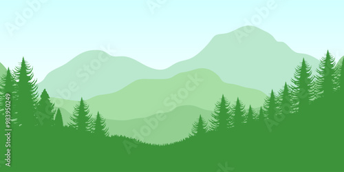 green Mountain panorama vector illustration. Serene landscape with layered mountain silhouettes, pine trees, and a reflective lake..	