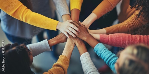 Create an image showing a group of diverse people standing in a circle, holding hands.