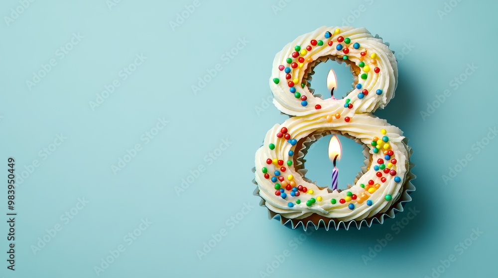 A photo shows cupcakes with candles lit to form the number 398. The background is blue. A photo shows cupcakes with candles lit to form the number 398. The background is blue.