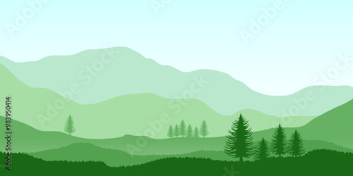 green Mountain panorama vector illustration. Serene landscape with layered mountain silhouettes, pine trees, and a reflective lake..	
