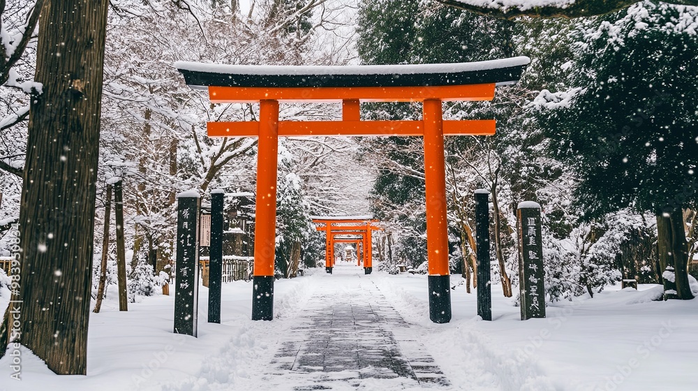 New Year's Day scene featuring a traditional Japanese torii gate leading to a serene shrine, surrounded by fresh winter snow. The calm, snowy landscape emphasizes the peaceful and spiritual atmosphere New Year's Day scene featuring a traditional Japanese torii gate leading to a serene shrine, surrounded by fresh winter snow. The calm, snowy landscape emphasizes the peaceful and spiritual atmosphere