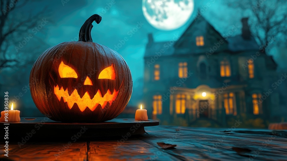 Halloween pumpkin with candlelight in front of a haunted house background, Halloween pumpkin with candlelight in front of a haunted house background,