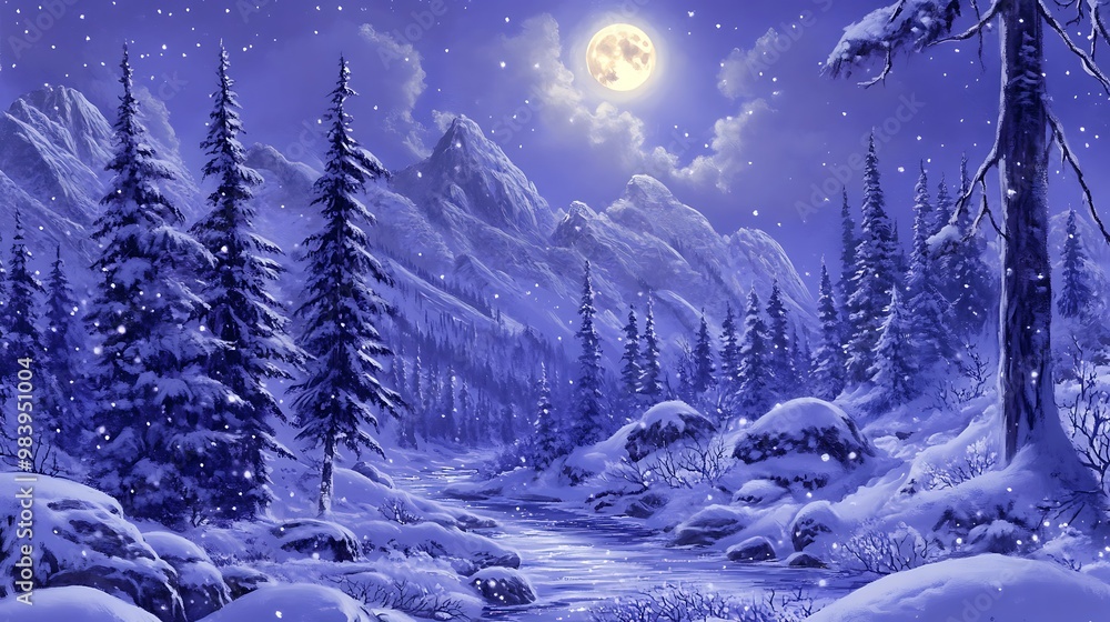 A pair of wolves howling together under the full moon in a snowy forest A pair of wolves howling together under the full moon in a snowy forest