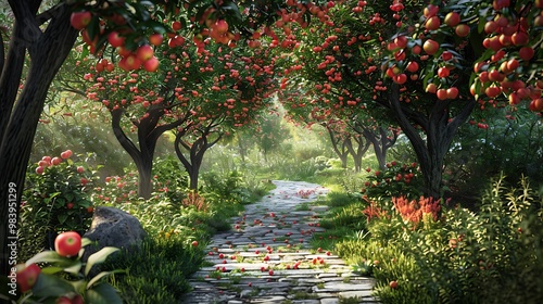 The gorgeousness of flowers and foliagecherries tree in fruit in the garden with vivid grows and a granite pathway