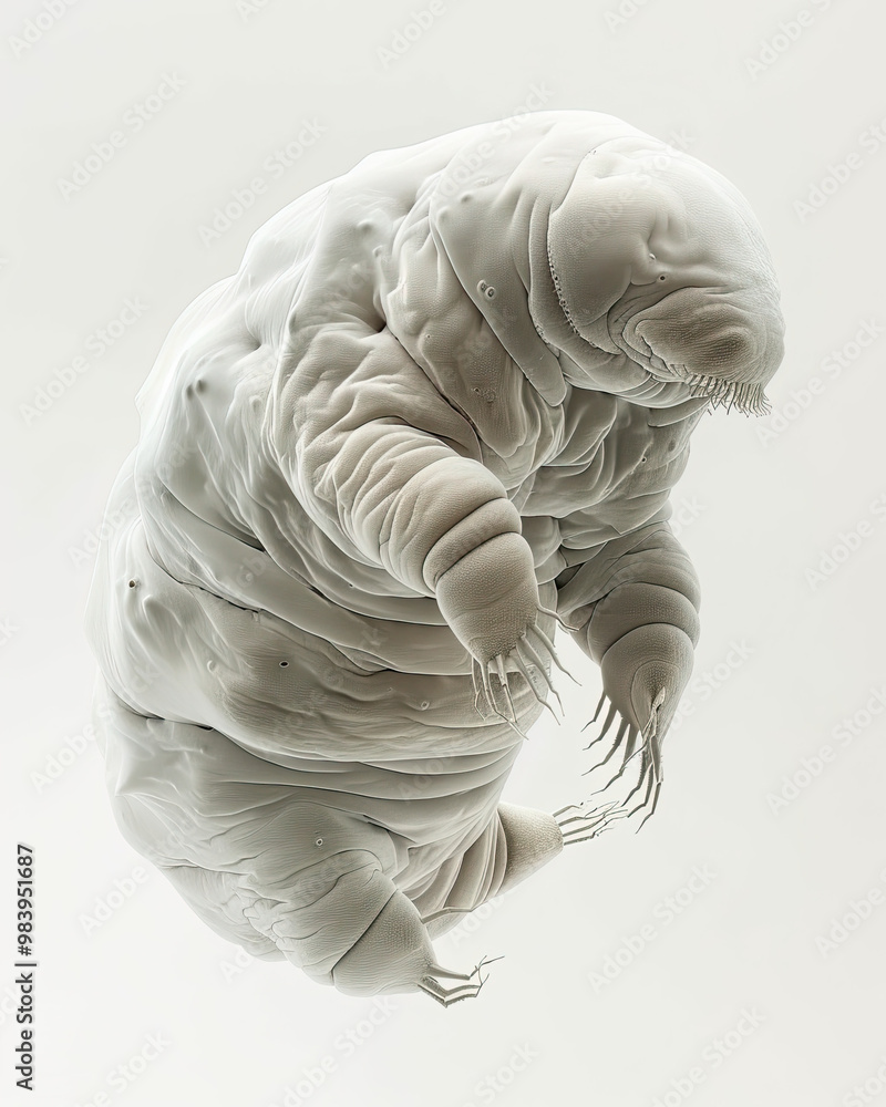 Floating Tardigrade in Hibernation, Softly Lit with Emphasized Textured Skin and Claws